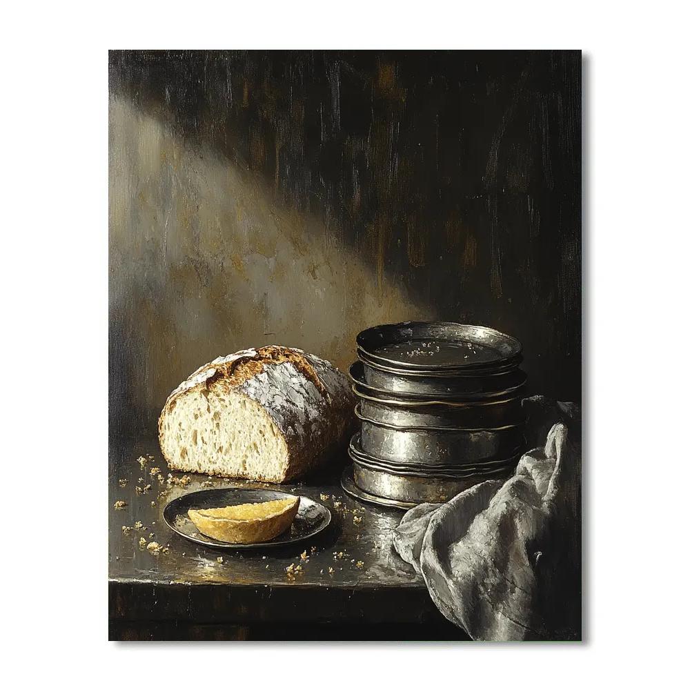 Diego Velázquez Inspired Pewter Plates And Loaf Composition painting number kit