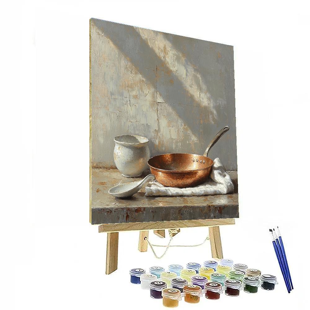 Diego Velázquez Inspired Copper Pan And Ceramic Ladle Still Life paint by numbers