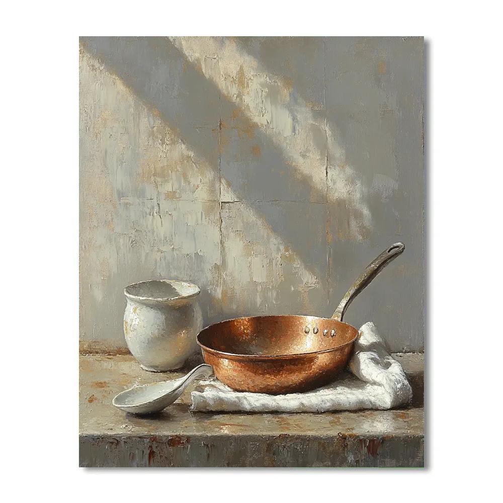 Diego Velázquez Inspired Copper Pan And Ceramic Ladle Still Life paint by numbers