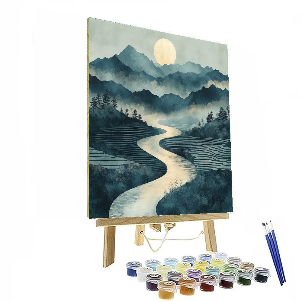 Hiroshige Inspired Moonlit River Mountains DIY paint by numbers