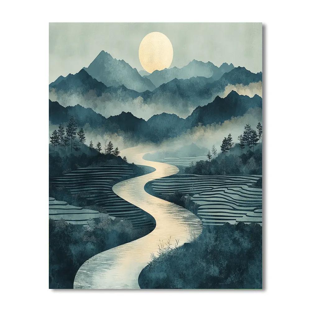 Hiroshige Inspired Moonlit River Mountains DIY paint by numbers