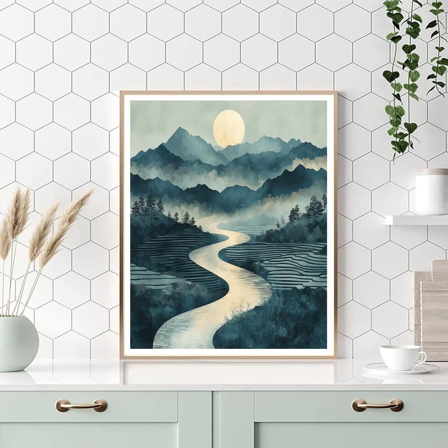 Hiroshige Inspired Moonlit River Mountains DIY paint by numbers