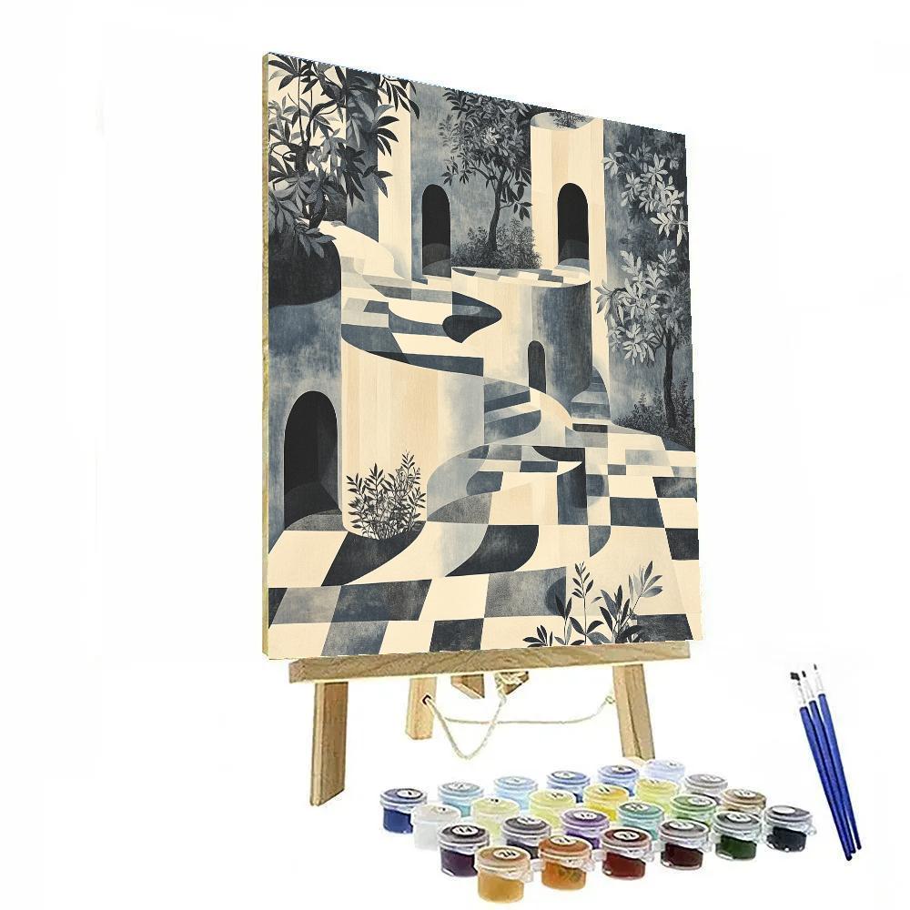 M.C. Escher Inspired Endless Stairway Garden Number painting