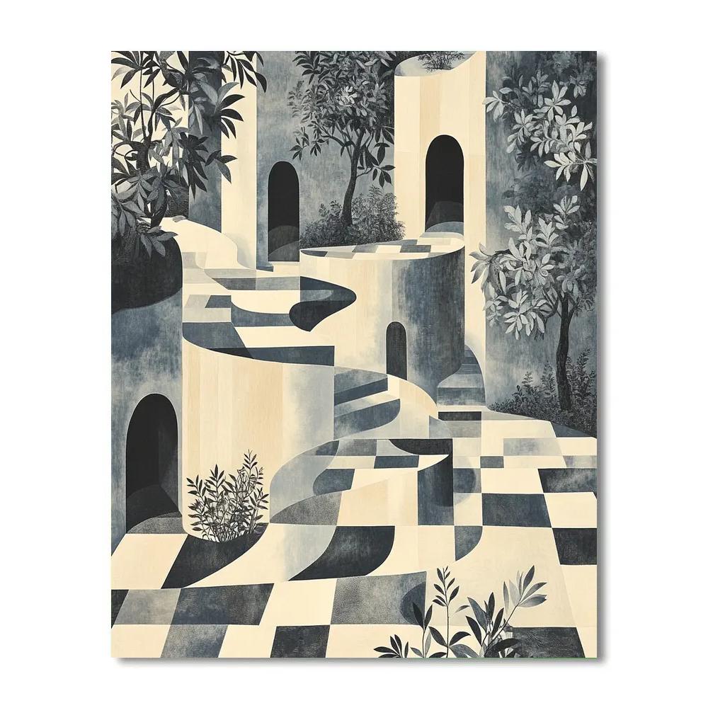 M.C. Escher Inspired Endless Stairway Garden Number painting