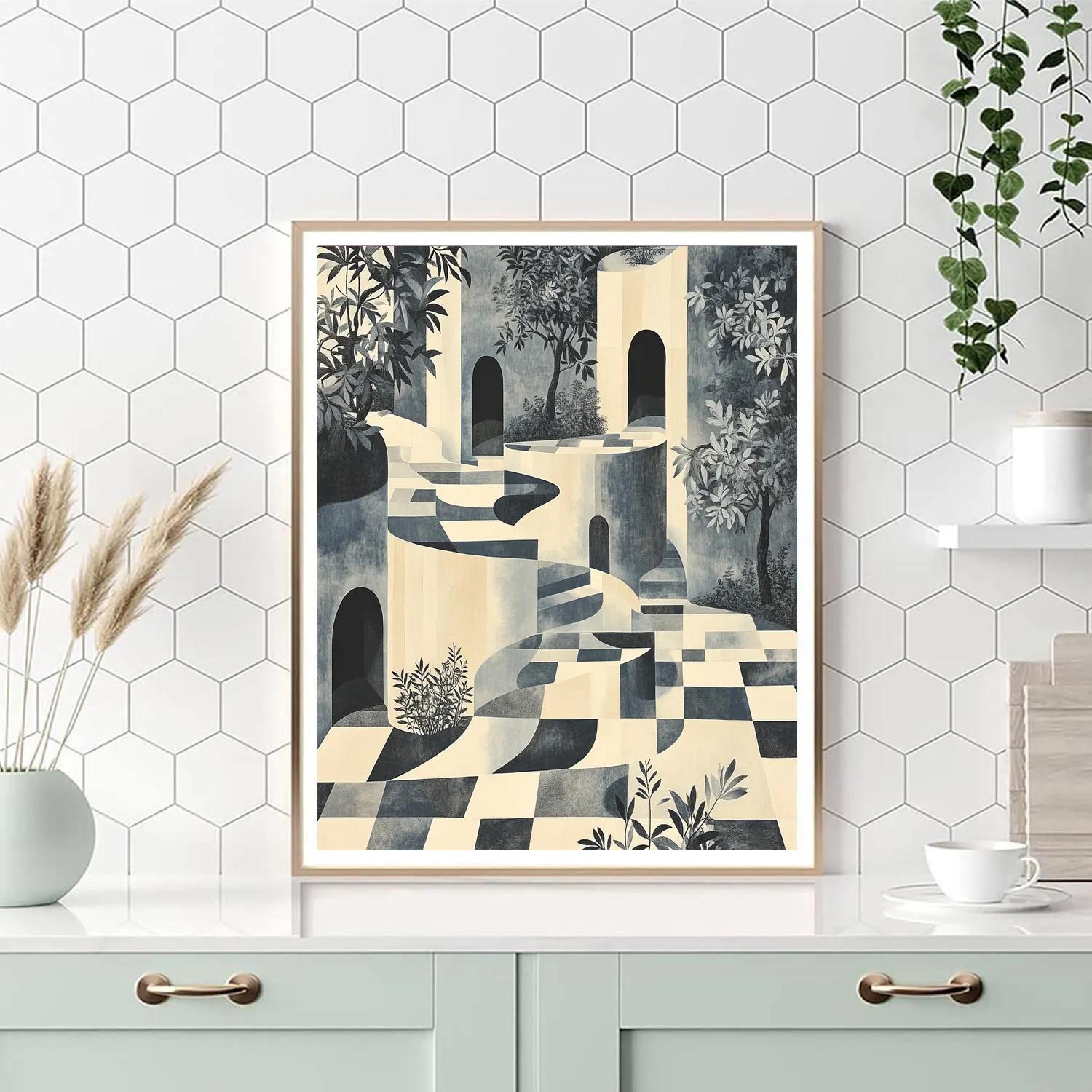 M.C. Escher Inspired Endless Stairway Garden Number painting