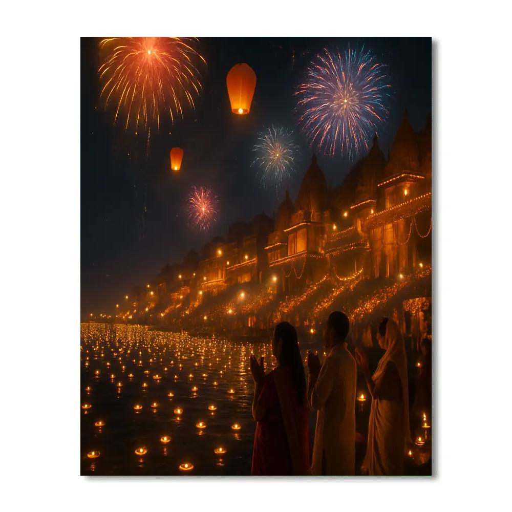 Diwali Fireworks Celebration On Ganges River Numbered painting kits