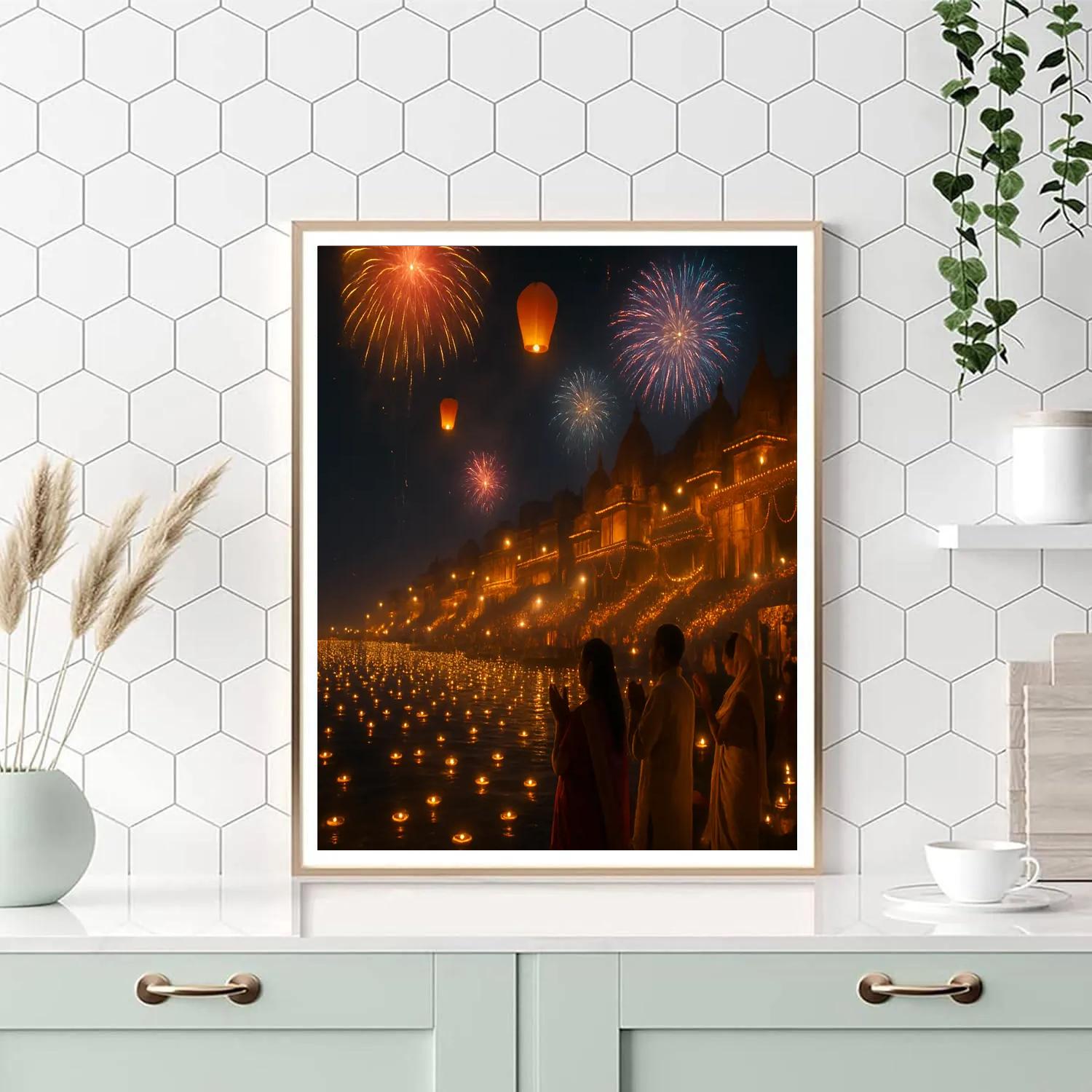 Diwali Fireworks Celebration On Ganges River Numbered painting kits