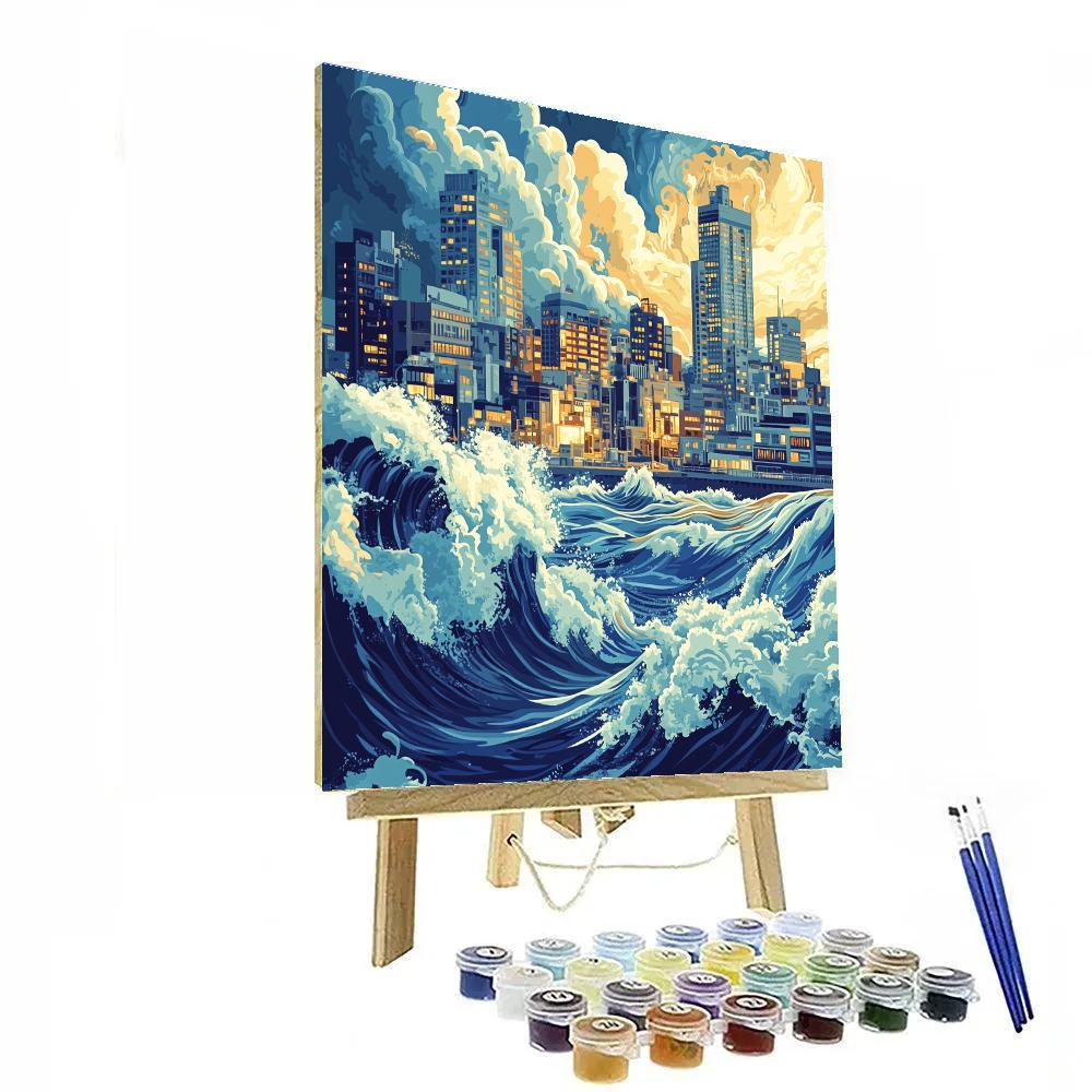 Hokusai Inspired Great Wave City paint by color
