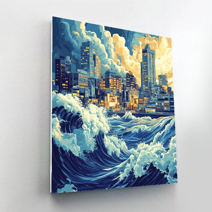 Hokusai Inspired Great Wave City paint by color