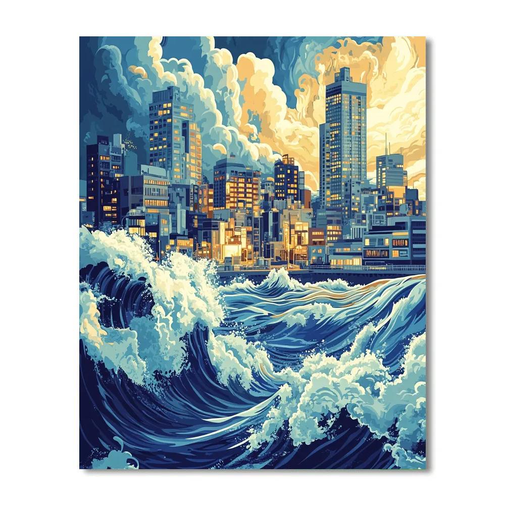 Hokusai Inspired Great Wave City paint by color