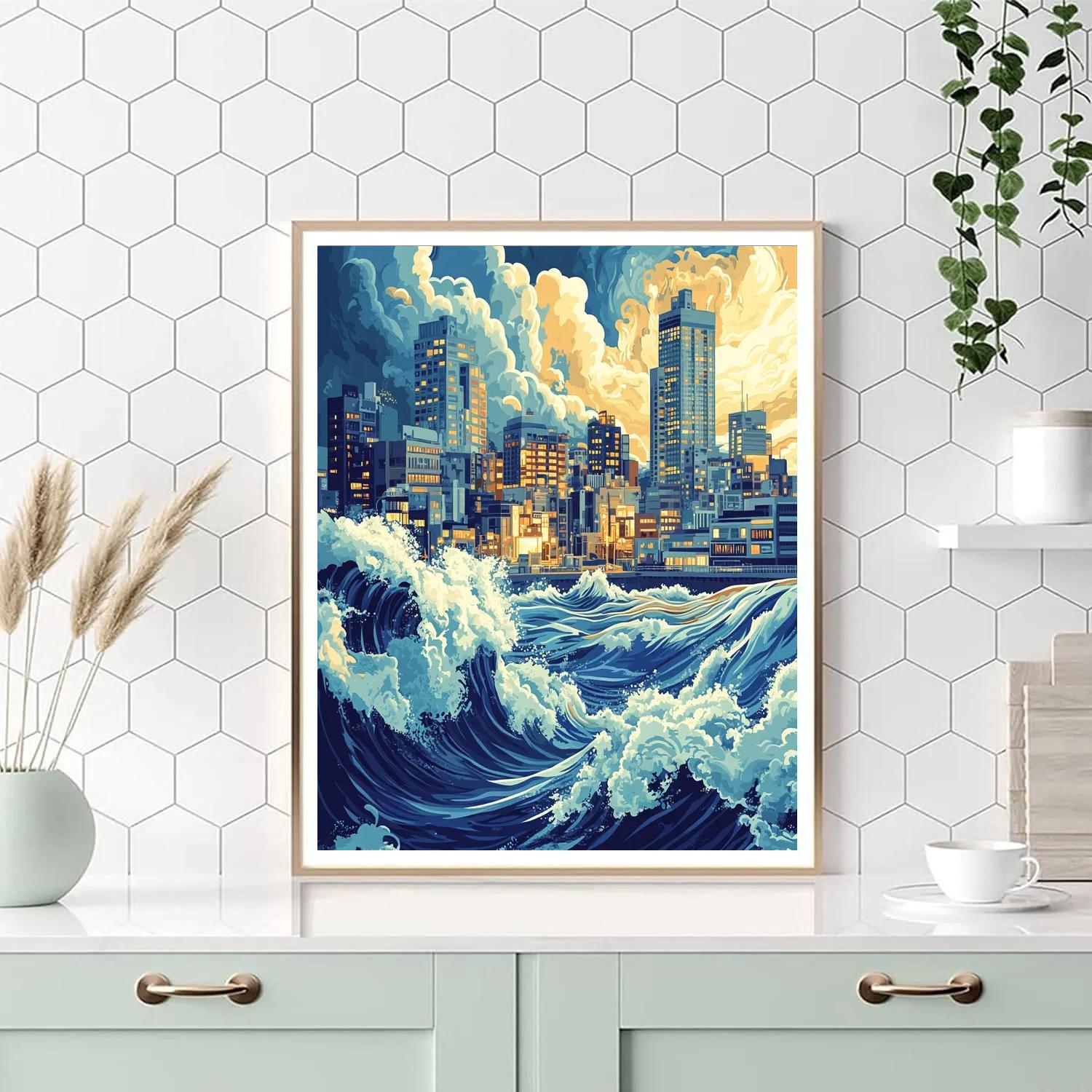 Hokusai Inspired Great Wave City paint by color