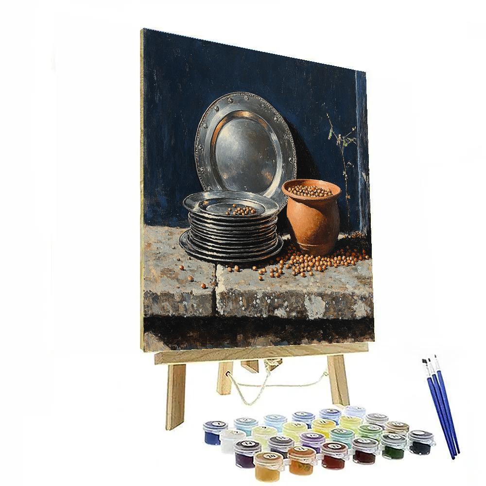 Diego Velázquez Inspired Pewter Plates And Clay Pot Composition paint by numbers