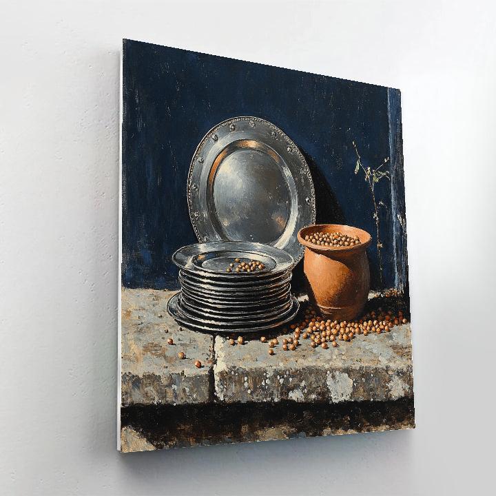 Diego Velázquez Inspired Pewter Plates And Clay Pot Composition paint by numbers