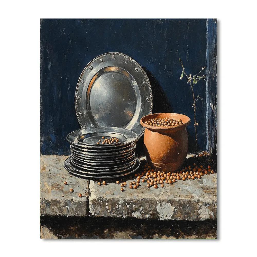 Diego Velázquez Inspired Pewter Plates And Clay Pot Composition paint by numbers