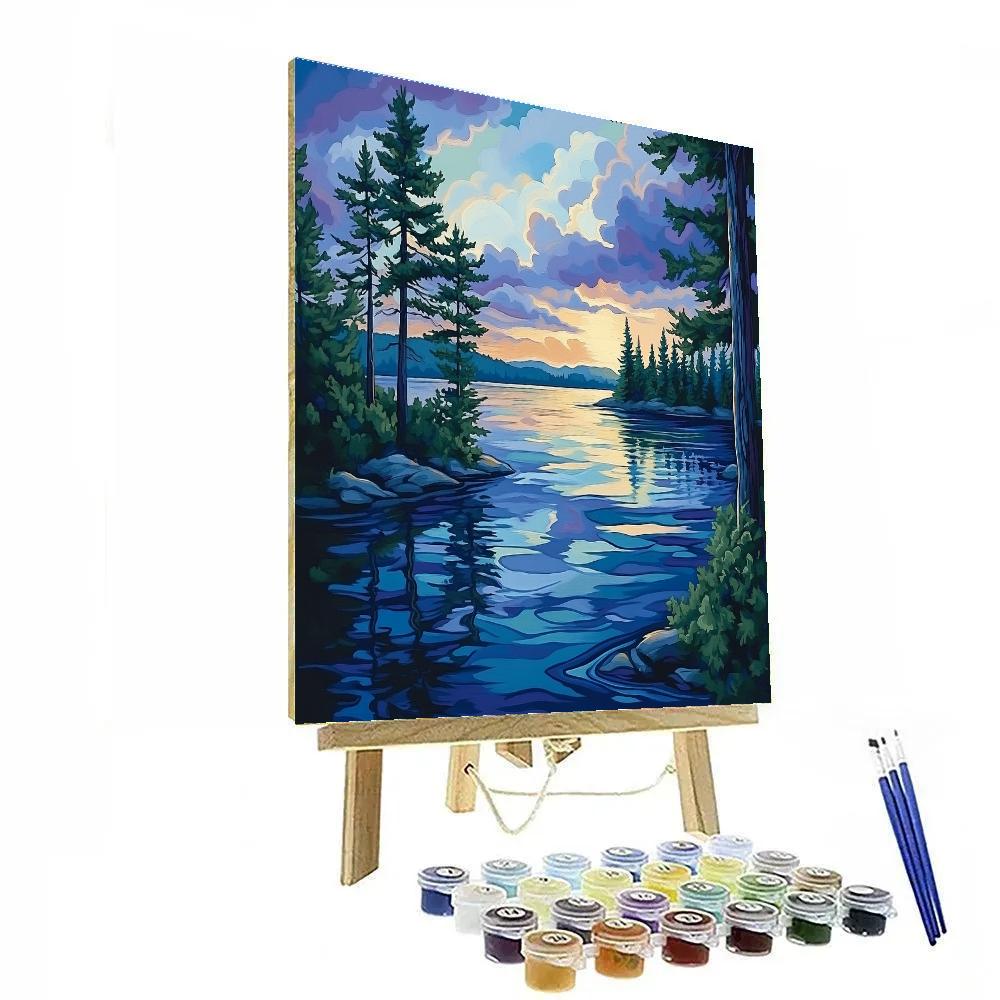 J. E. H. MacDonald Inspired Pine Trees Framing Northern Lake painting number kit