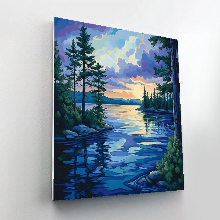 J. E. H. MacDonald Inspired Pine Trees Framing Northern Lake painting number kit