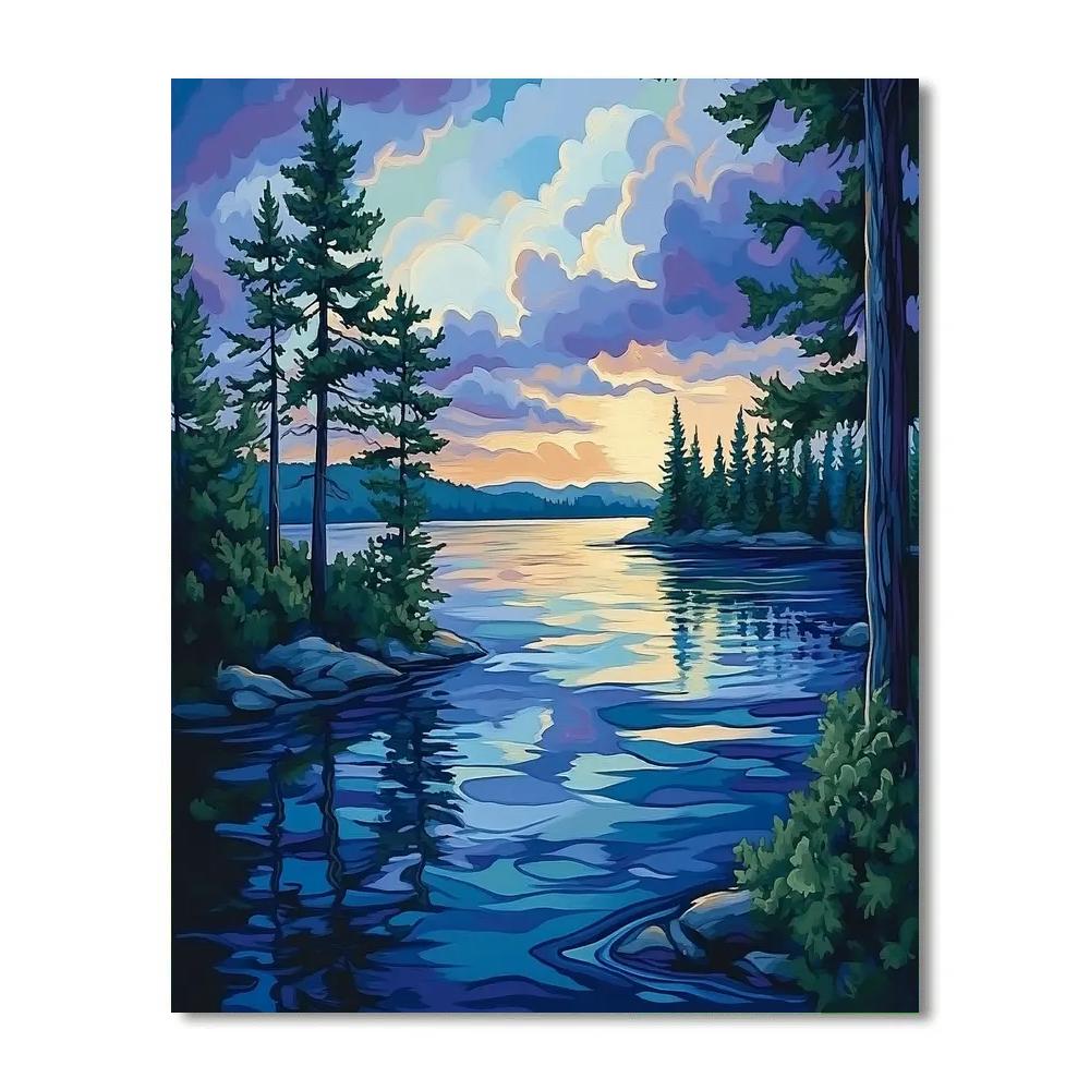 J. E. H. MacDonald Inspired Pine Trees Framing Northern Lake painting number kit