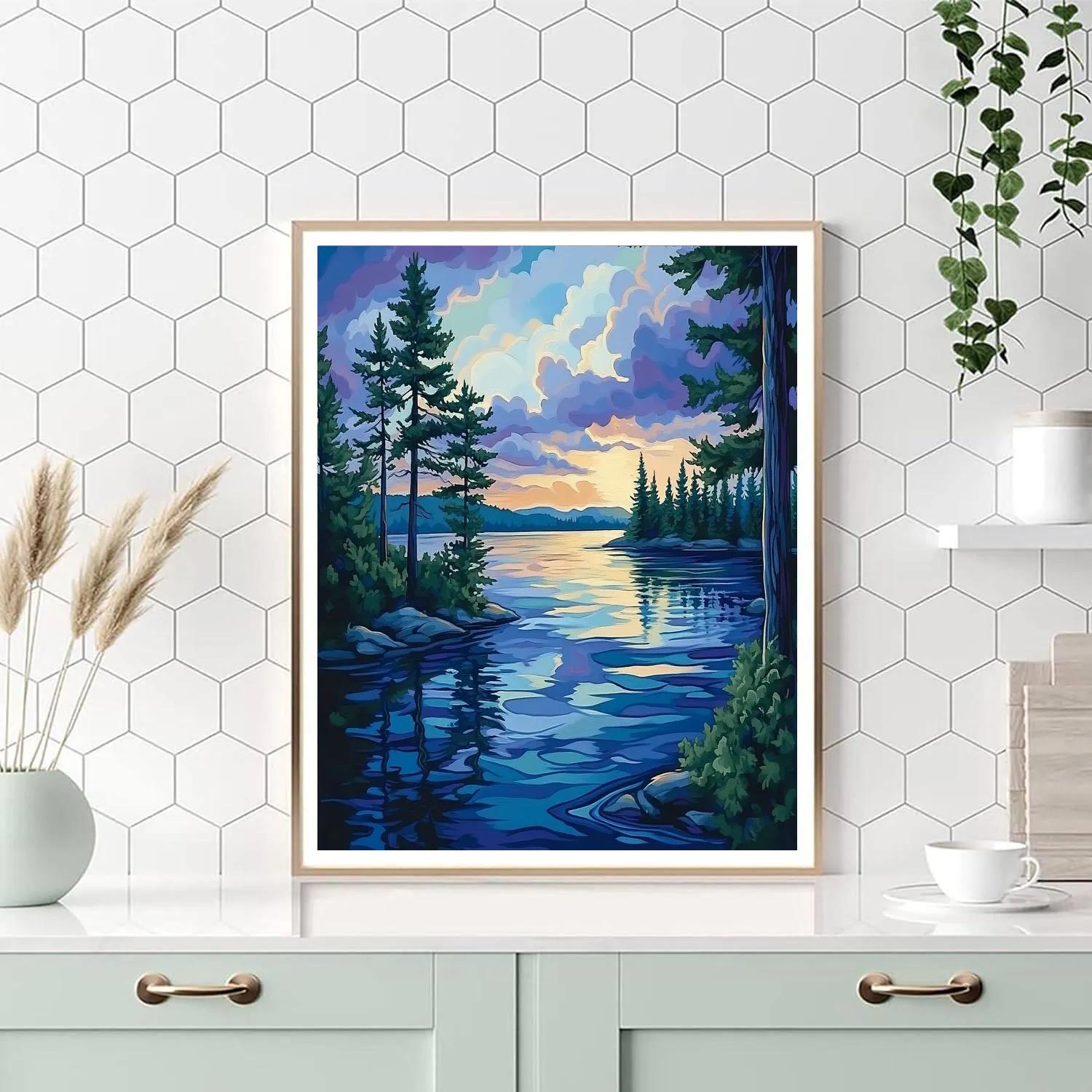 J. E. H. MacDonald Inspired Pine Trees Framing Northern Lake painting number kit