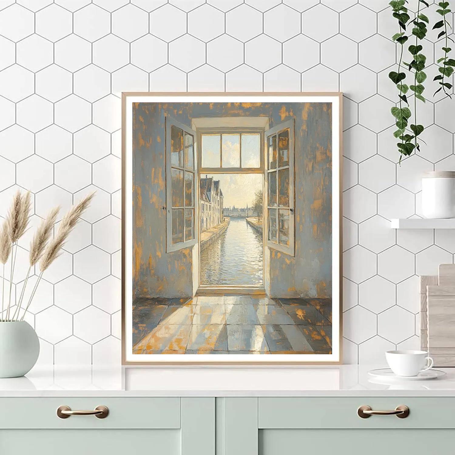 Johannes Vermeer Inspired Sunlit Delft Canal Window paint by numbers