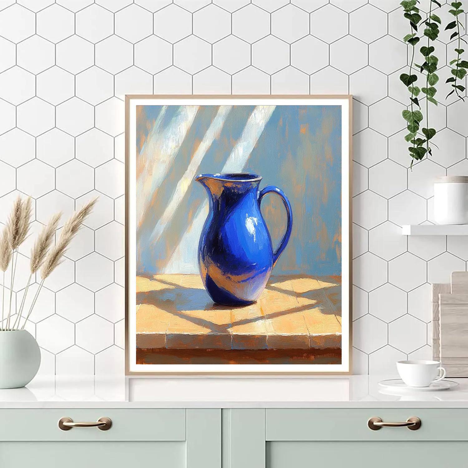 Johannes Vermeer Inspired Blue Ceramic Jug On Oak Table Number painting