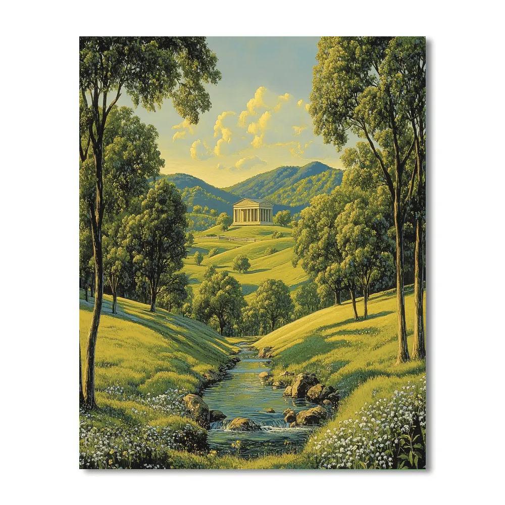 Raphael Inspired Symmetrical Hills With Distant Temple paint by number