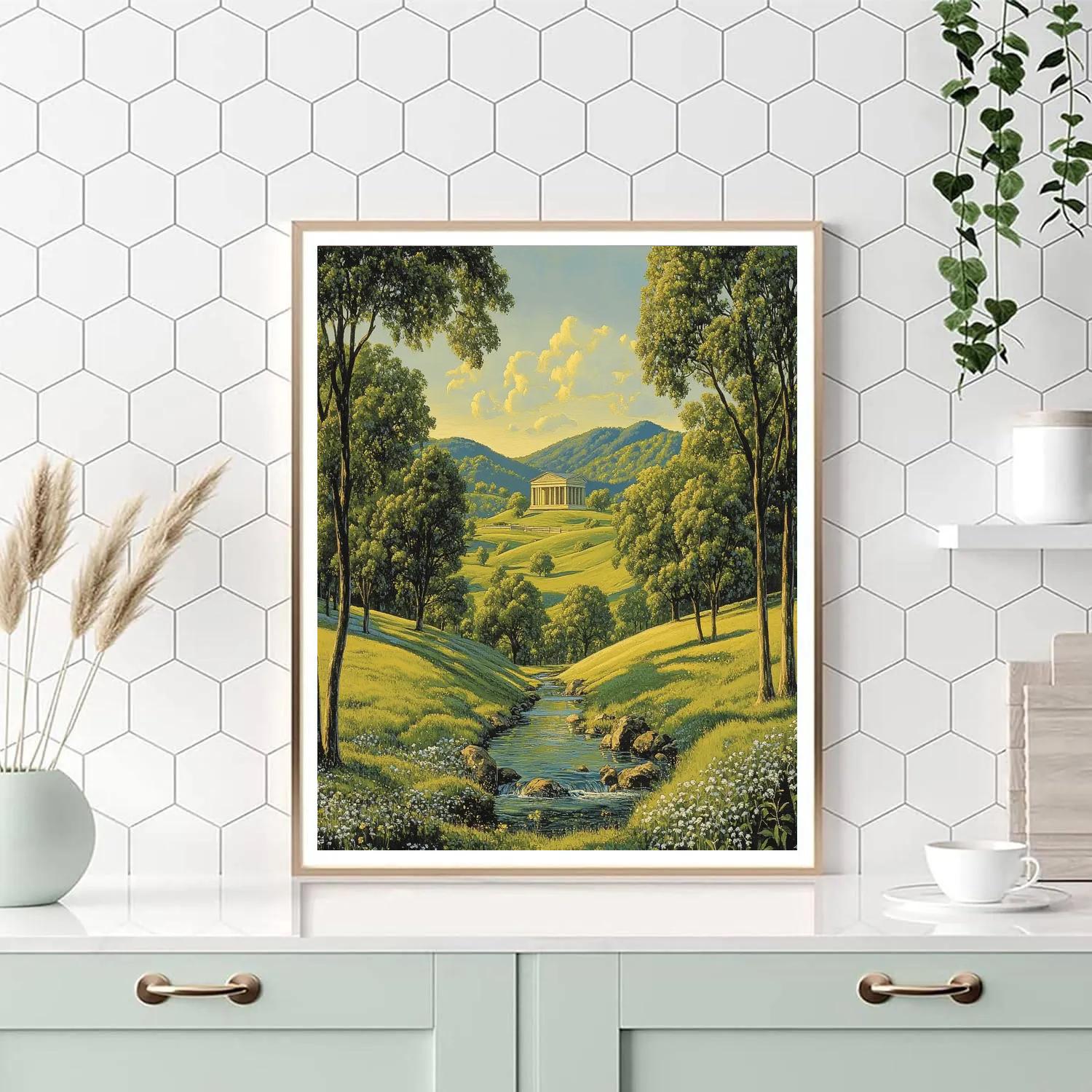 Raphael Inspired Symmetrical Hills With Distant Temple paint by number