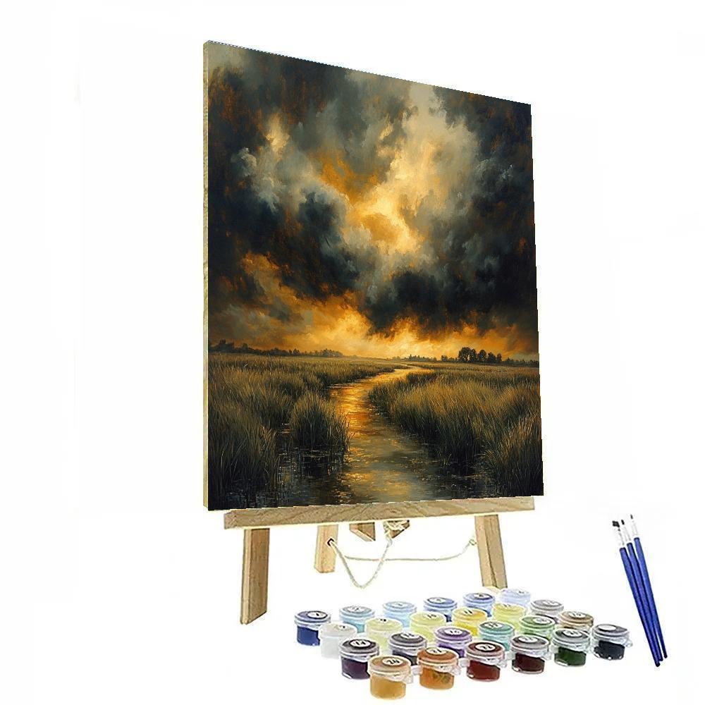 Rembrandt Inspired Stormy Dutch Marshes At Dusk paint by color