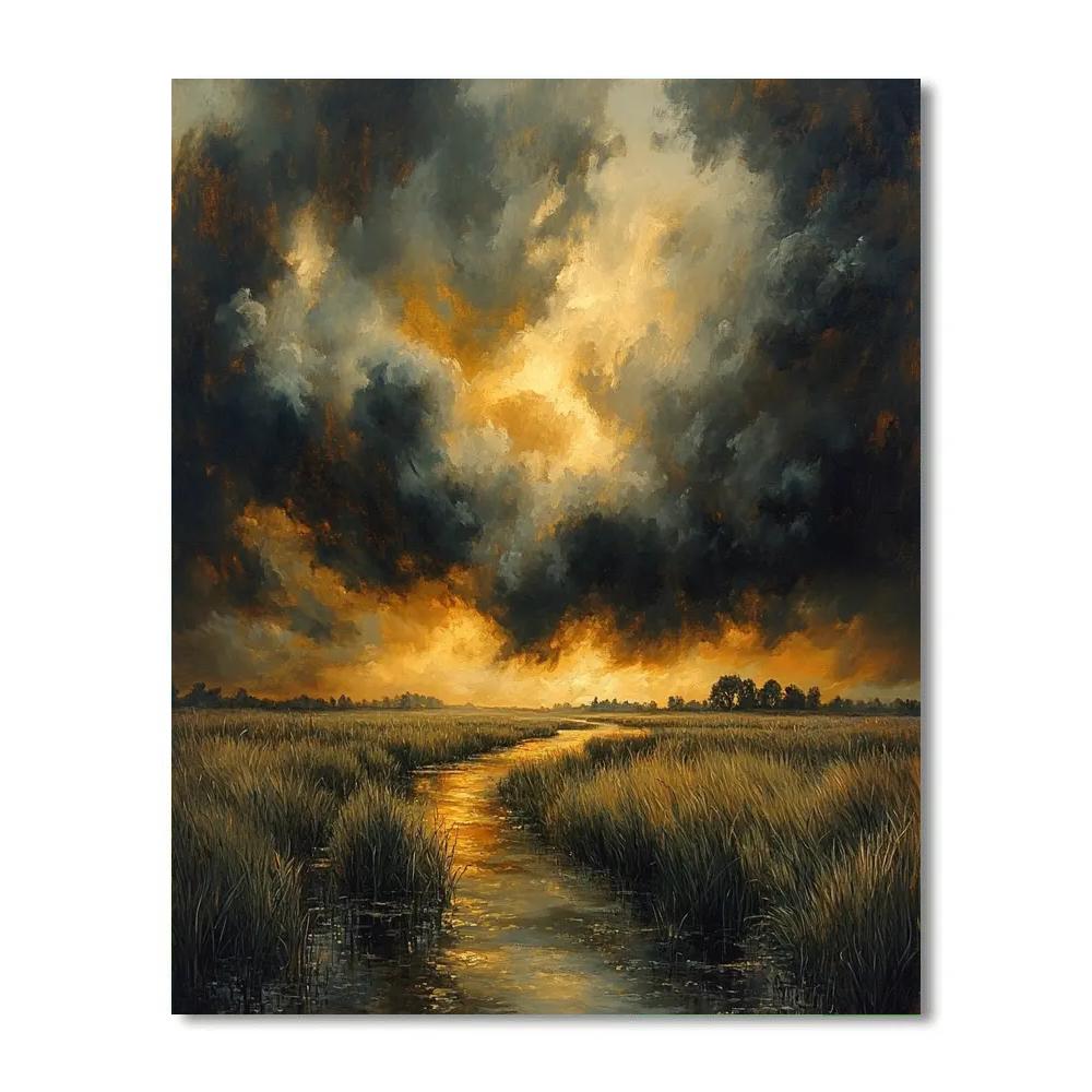 Rembrandt Inspired Stormy Dutch Marshes At Dusk paint by color