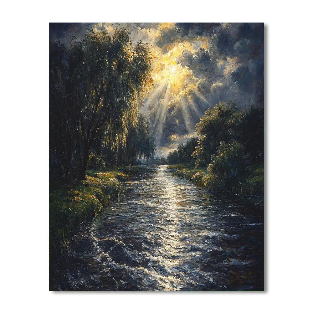 Rembrandt Inspired Illuminated River Bend With Silvery Reflections paint by color