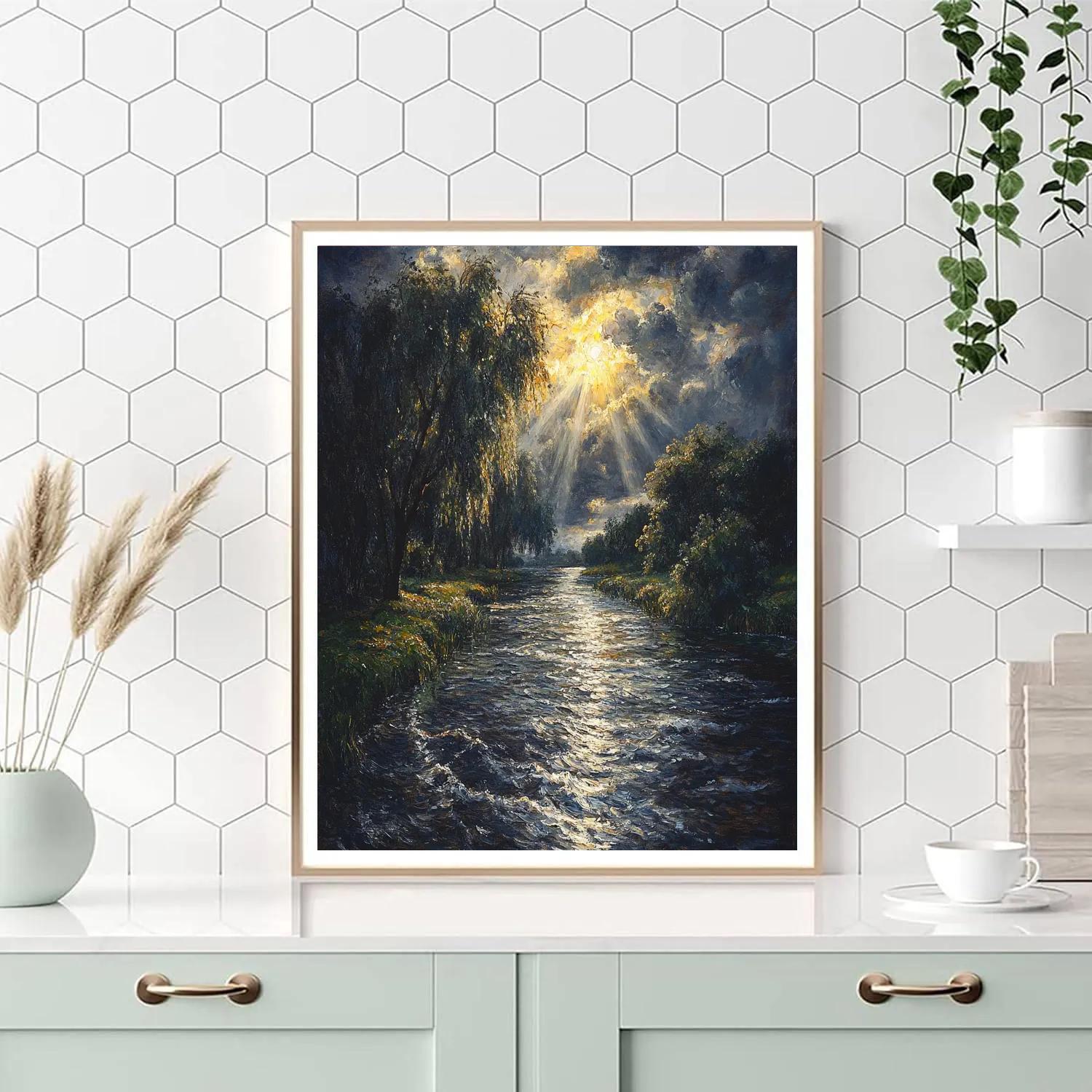 Rembrandt Inspired Illuminated River Bend With Silvery Reflections paint by color