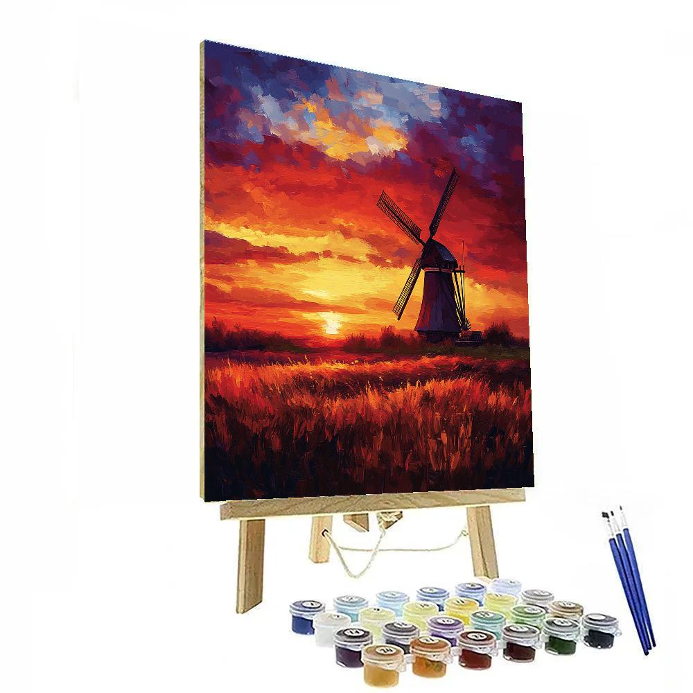 Rembrandt Inspired Windmill Silhouetted Against Fiery Sunset paint by number