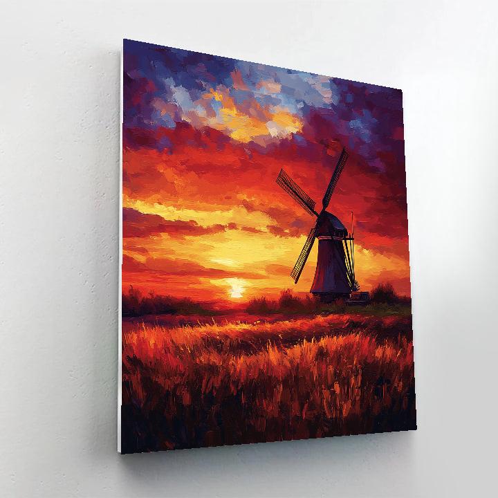 Rembrandt Inspired Windmill Silhouetted Against Fiery Sunset paint by number