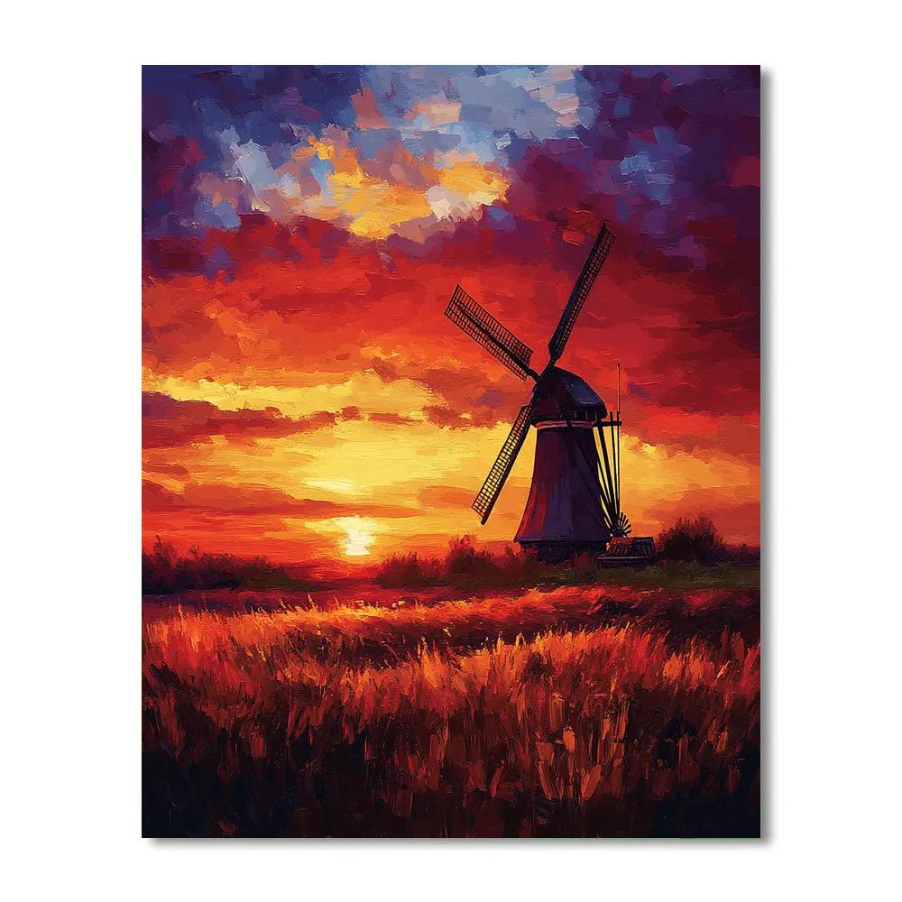 Rembrandt Inspired Windmill Silhouetted Against Fiery Sunset paint by number