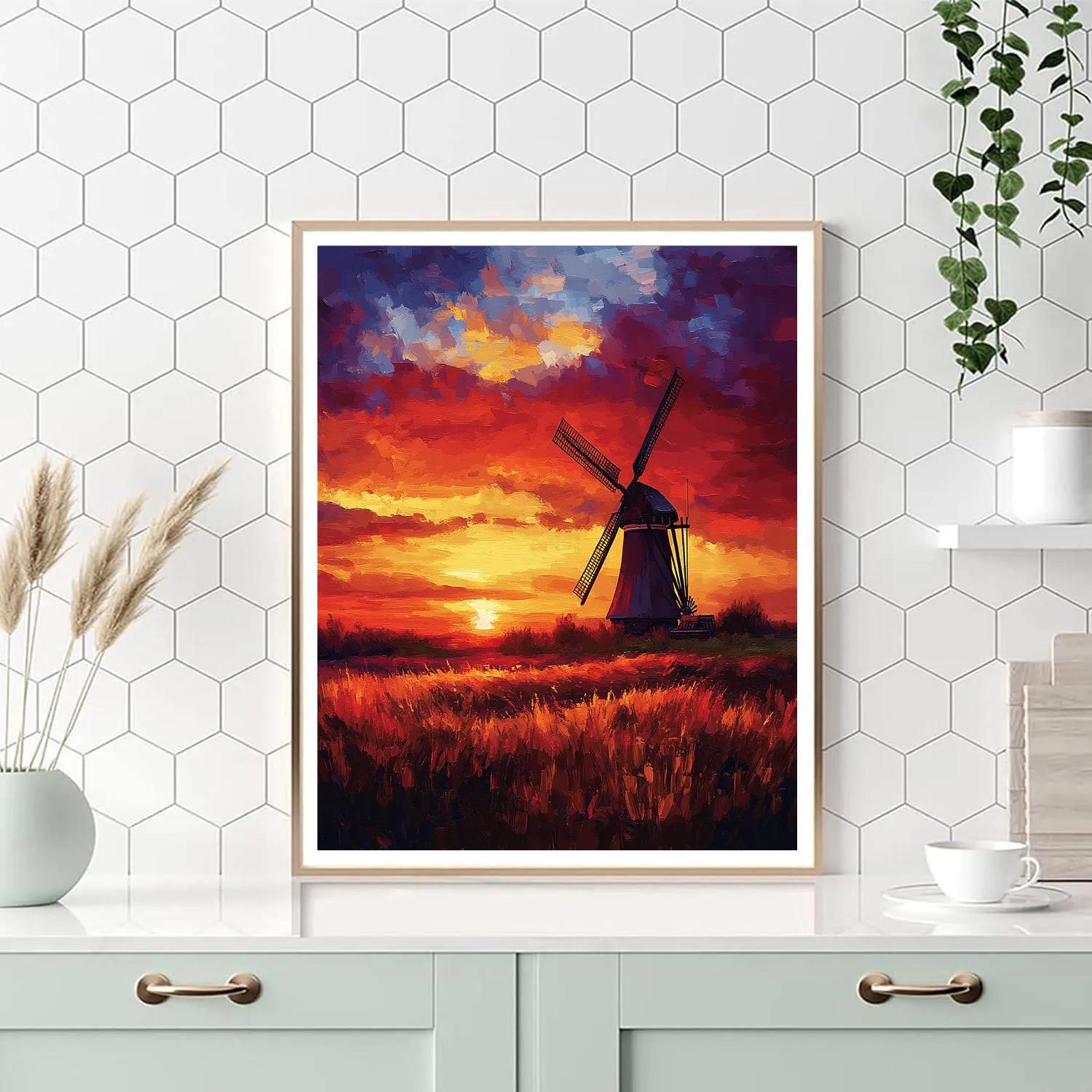 Rembrandt Inspired Windmill Silhouetted Against Fiery Sunset paint by number