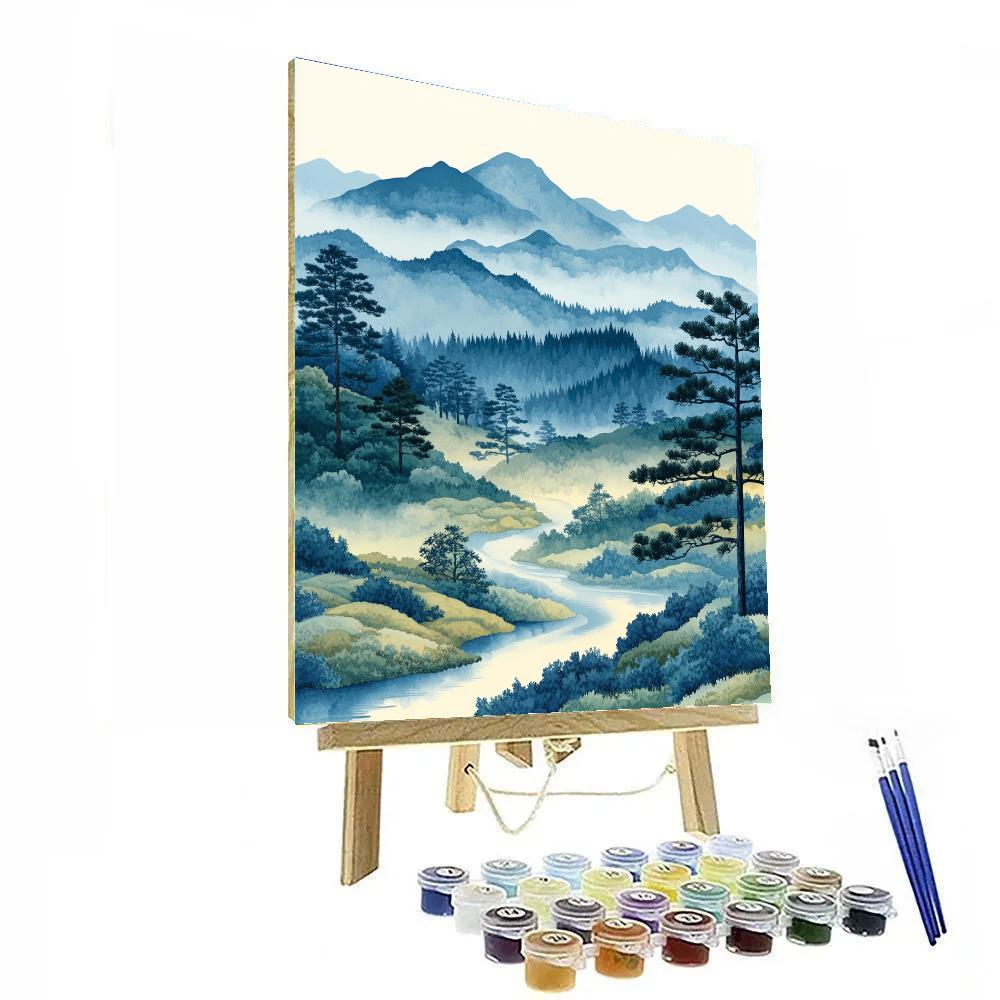 Hiroshige Inspired Misty Mountain Morning paint by number