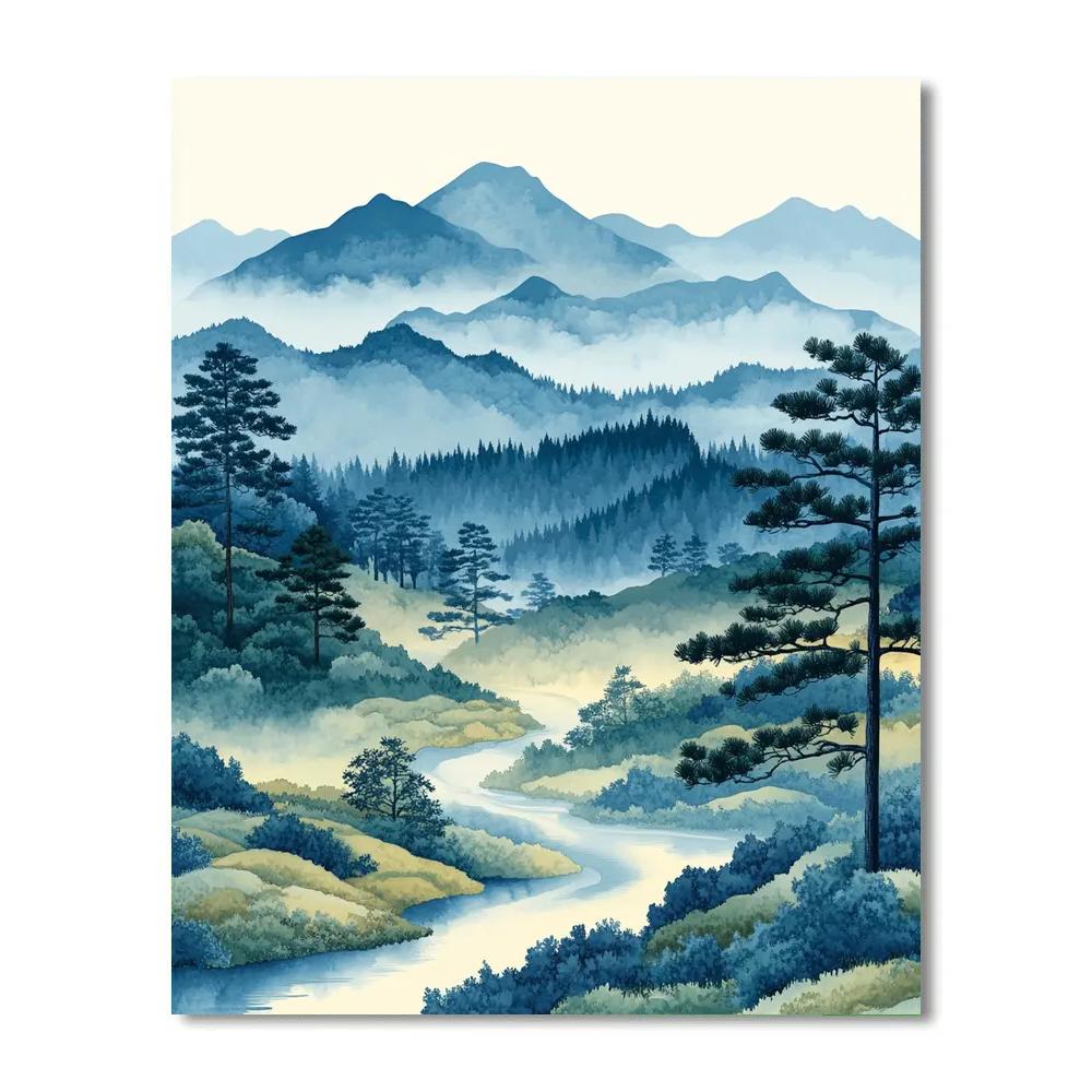 Hiroshige Inspired Misty Mountain Morning paint by number