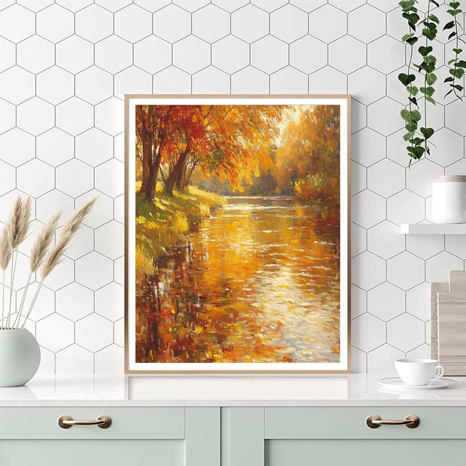 Claude Monet Inspired Autumnal Riverbank Reflections Number painting