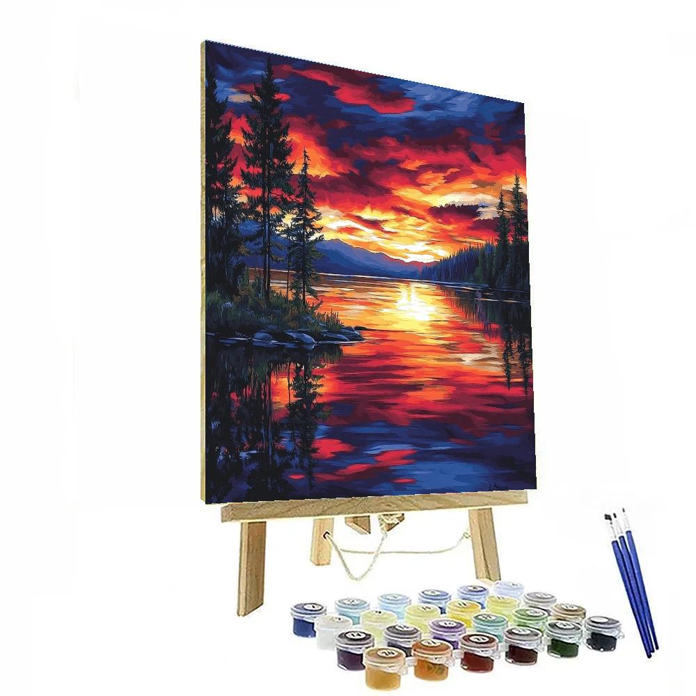 Frederick Varley Inspired Crimson Twilight Across Quiet Lake paint by color