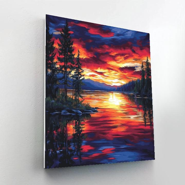 Frederick Varley Inspired Crimson Twilight Across Quiet Lake paint by color