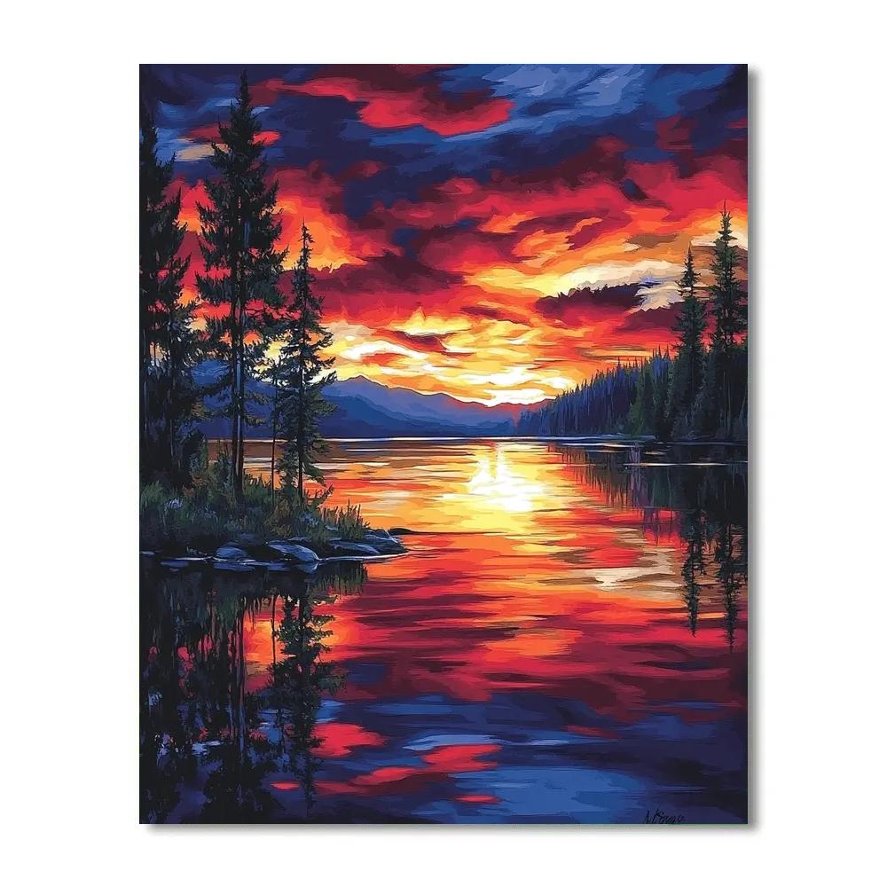 Frederick Varley Inspired Crimson Twilight Across Quiet Lake paint by color