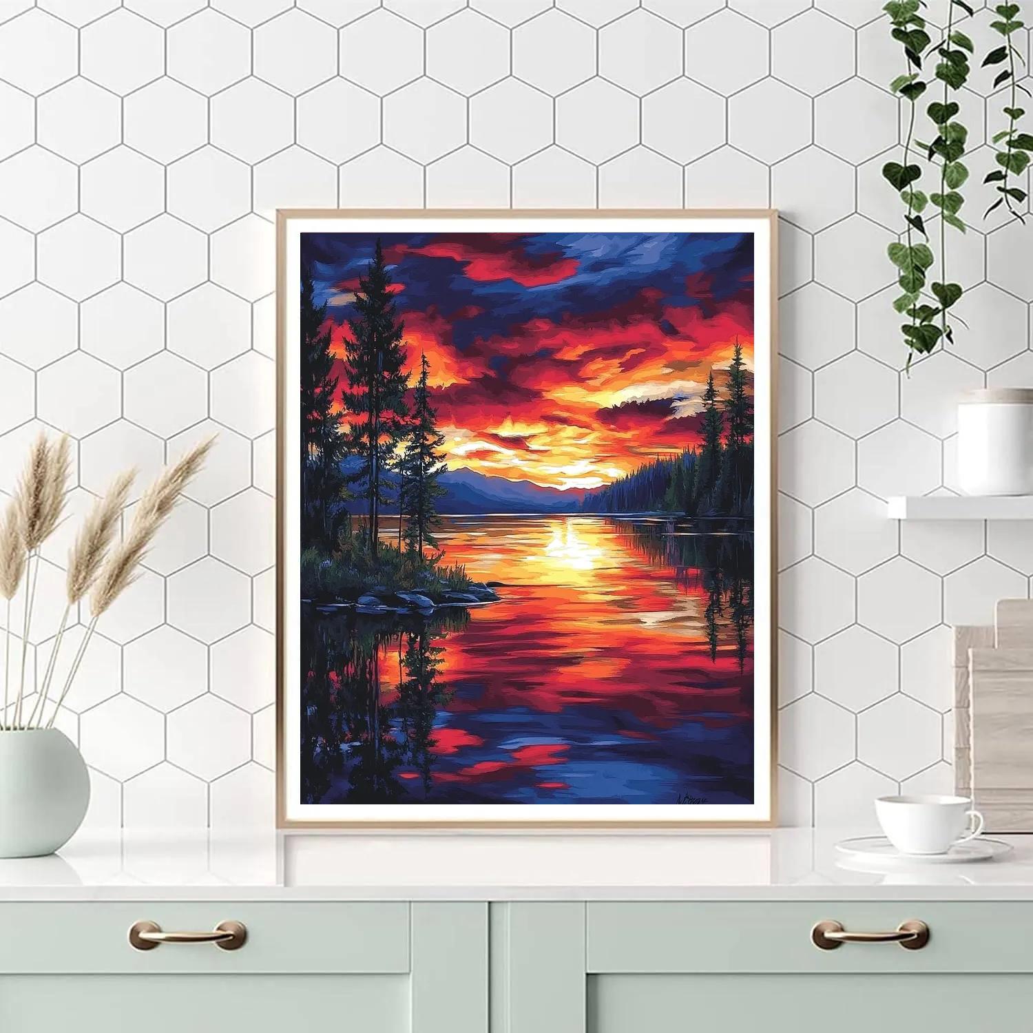 Frederick Varley Inspired Crimson Twilight Across Quiet Lake paint by color