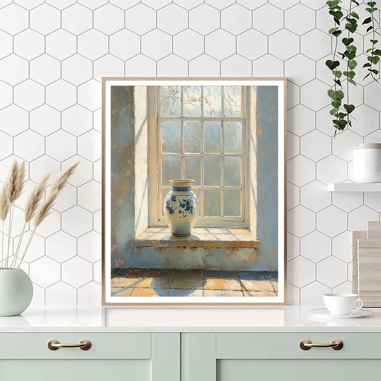 Johannes Vermeer Inspired Sunlit Delft Windowsill With Delft Blue Pottery Paint by numbers art