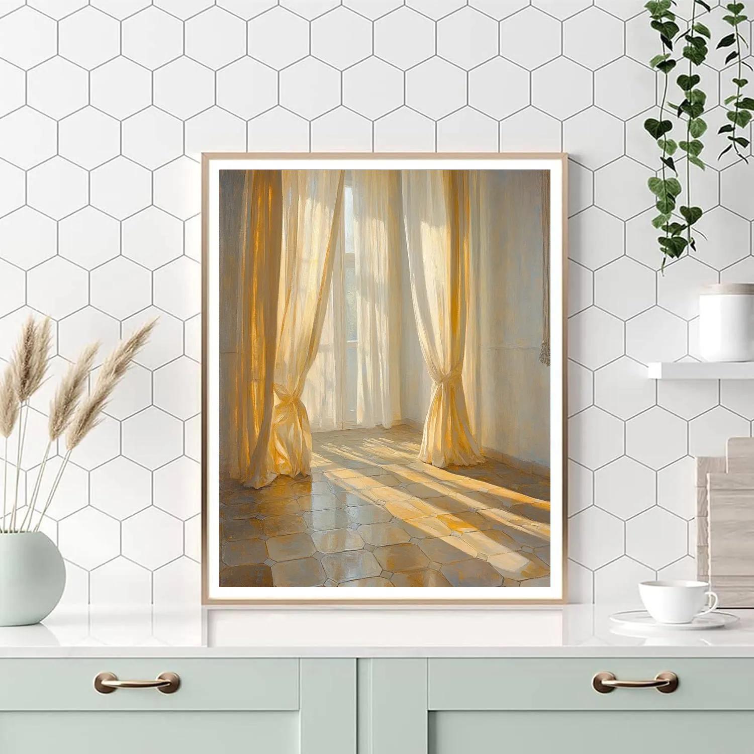 Johannes Vermeer Inspired Interior With Tiled Floor And Glowing Curtains Number painting
