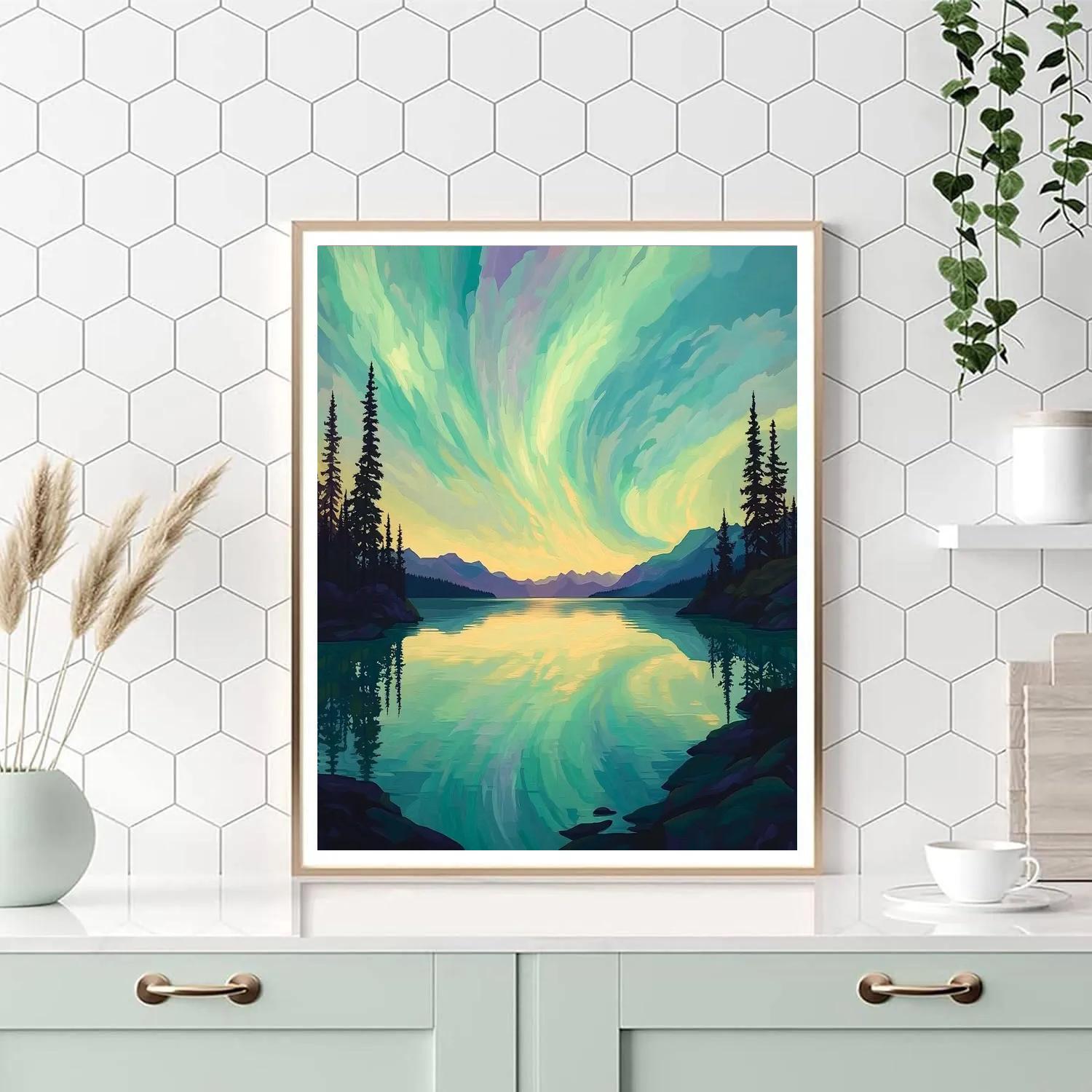 Lawren Harris Inspired Northern Lake Reflecting Aurora Symphony DIY paint by numbers