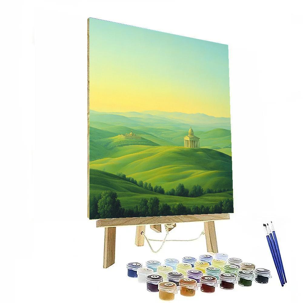Raphael Inspired Serene Rolling Hills With Distant Classical Temple Paint by numbers art