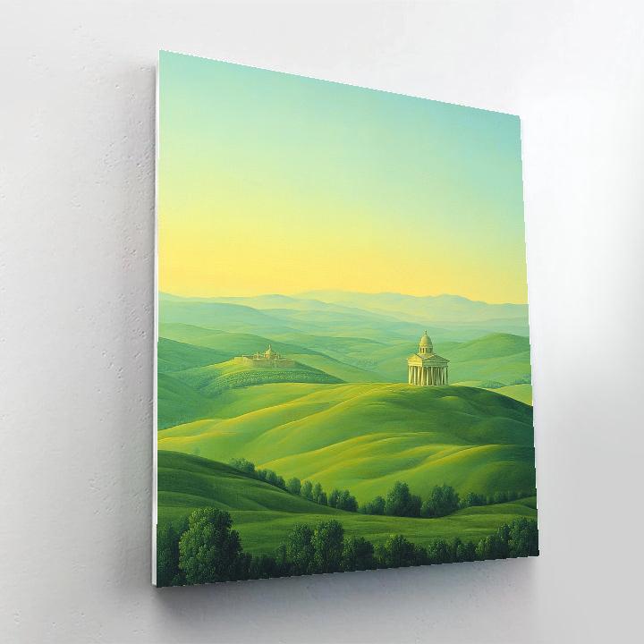 Raphael Inspired Serene Rolling Hills With Distant Classical Temple Paint by numbers art