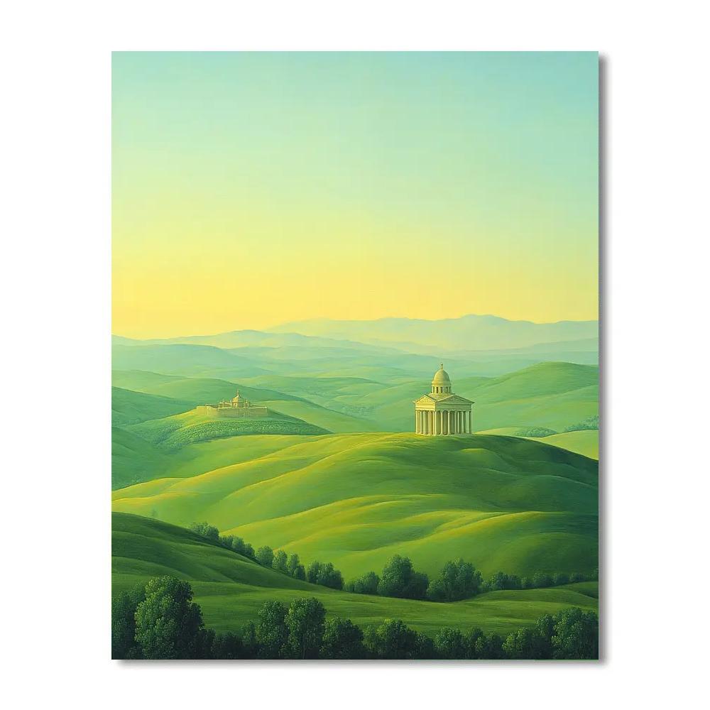 Raphael Inspired Serene Rolling Hills With Distant Classical Temple Paint by numbers art