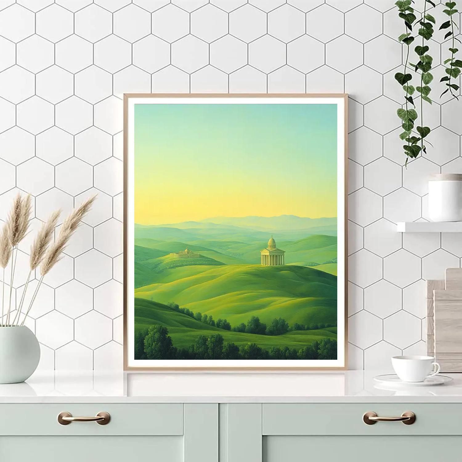Raphael Inspired Serene Rolling Hills With Distant Classical Temple Paint by numbers art