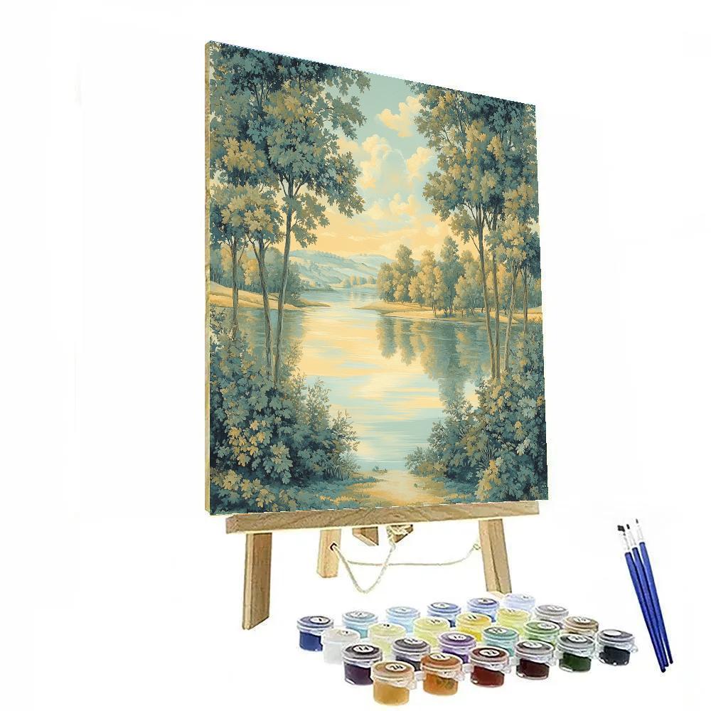 Raphael Inspired Harmonious Riverside With Symmetrical Trees painting number kit