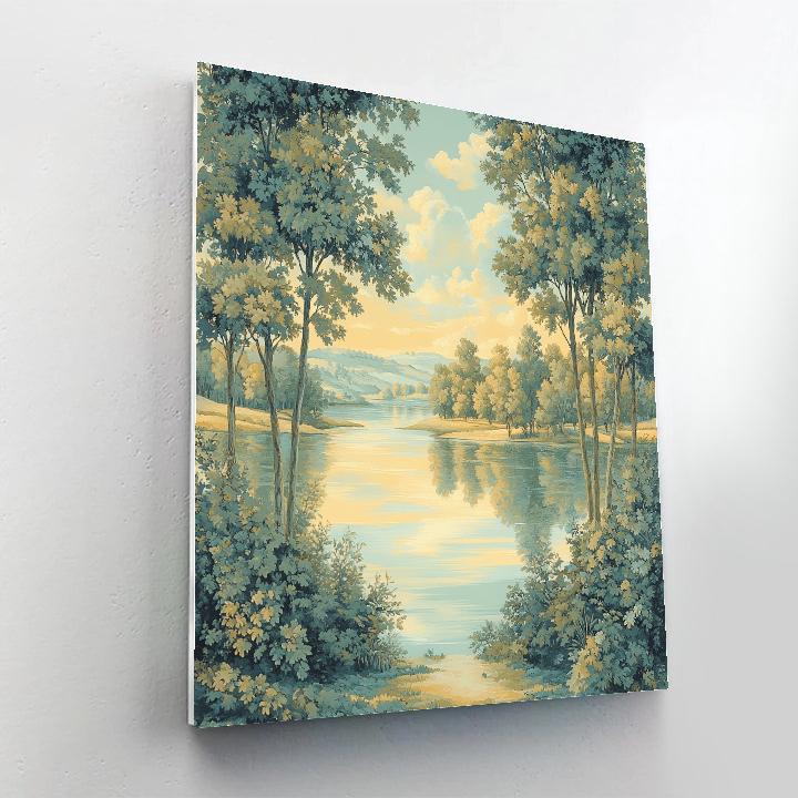 Raphael Inspired Harmonious Riverside With Symmetrical Trees painting number kit
